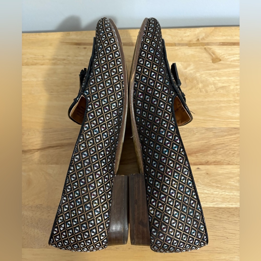 J. Crew Jacquard Tassel Loafers Black Gold Geometric Pattern Size 9 Old Money - Picture 11 of 12